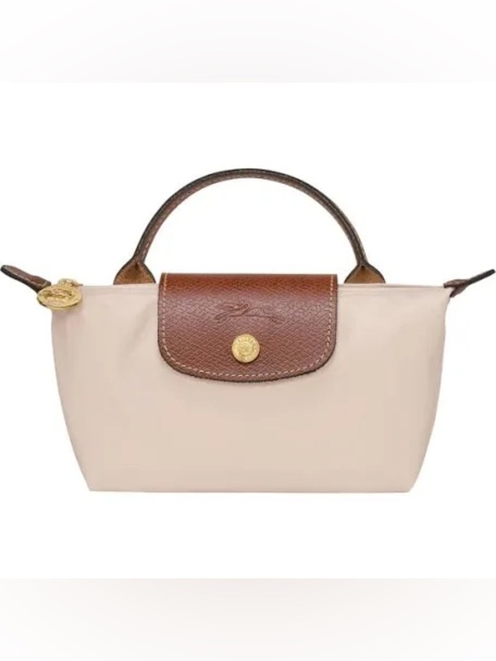 Longchamp Le Pliage Mini Crossbody Beige Nylon Brown Leather Trim France